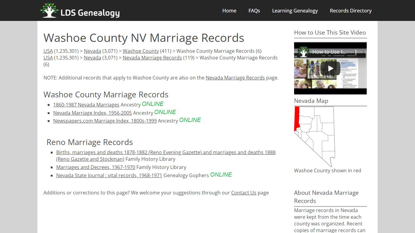 Washoe County NV Marriage Records - LDS Genealogy
